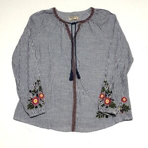 Ruff Hewn‎ Womens Shirt Med Blue Stripe Embroidered Tassel Tunic Boho Casual